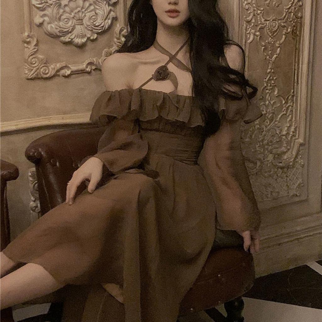 Módní ženy Elegantní francouzské šaty s princeznou s rukávem mimo ramena