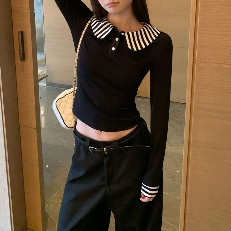 

Fake Two Pieces Striped Slim Pullovers Women s Clothing Doll Collar Autumn Winter Patchwork Long Sleeve Fashion Korean T-shirts S чорний