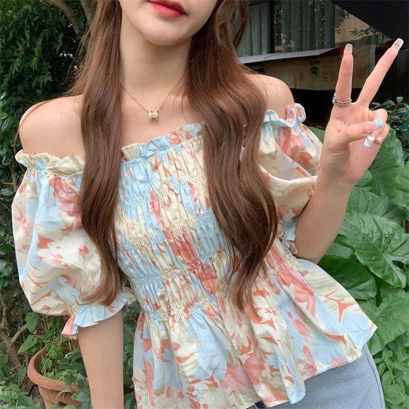 Broken Blouse French Style Puff Sleeve Summer New Sweet Slash Neck Stylish Shirring Slim Vintage Shirts