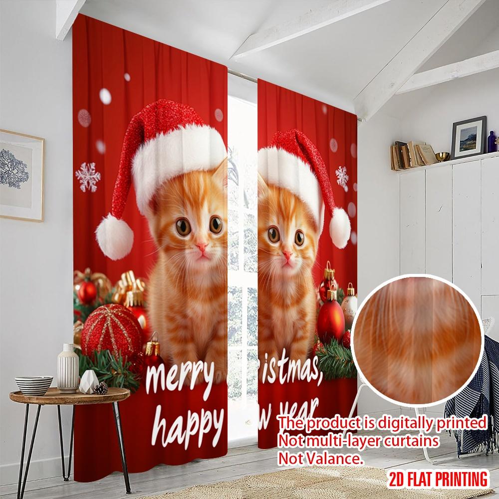 2 szt., Drukowane na płasko 2D Zasłony ze wzorem Słodkie kocięta Wesołych Świąt Szczęśliwego Nowego Roku Tkanina poliestrowa (bez pręta) Dekoracje