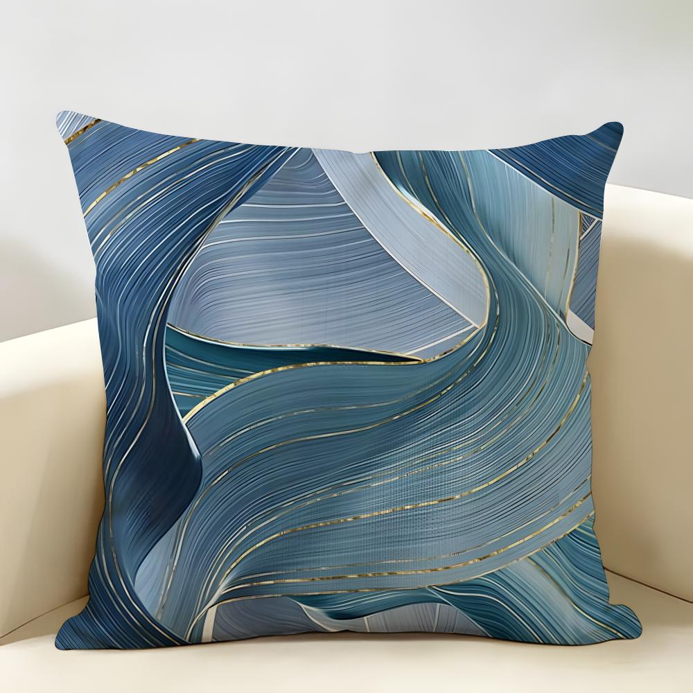 Blue Gold Wave-Shaped Pattern Cushion Cover Natural Linen Organic Fabric Double-Sided Printing Breathable Perfect For Home Decor