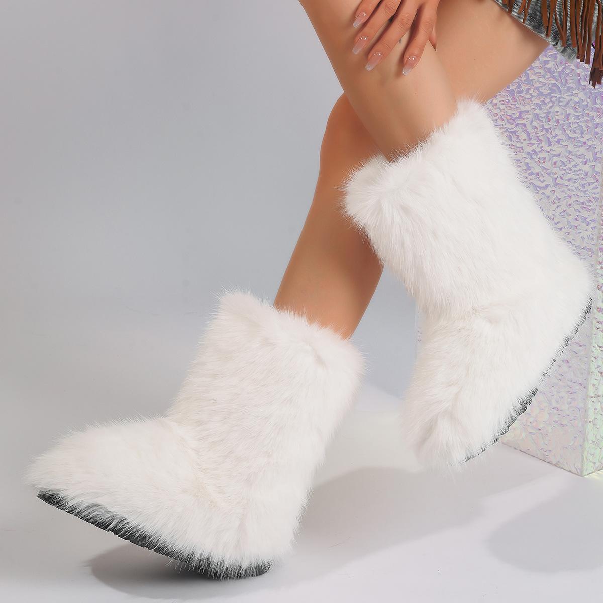 Women`S Snow Boots Faux Raccoon Fur