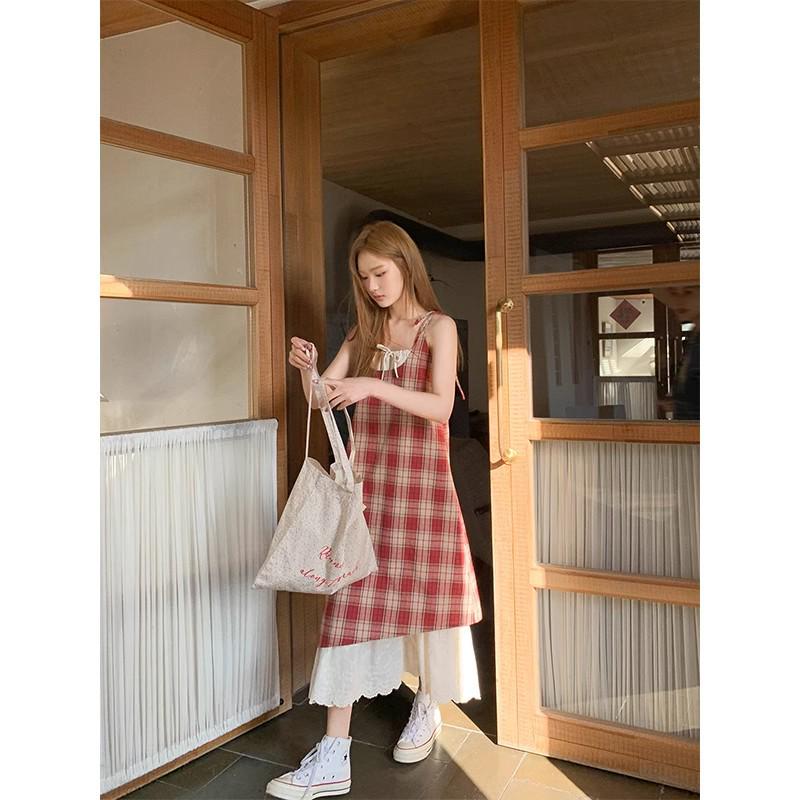 Red Plaid Lace Spaghetti Strap Dress - Women's Summer Beach Holiday Style
