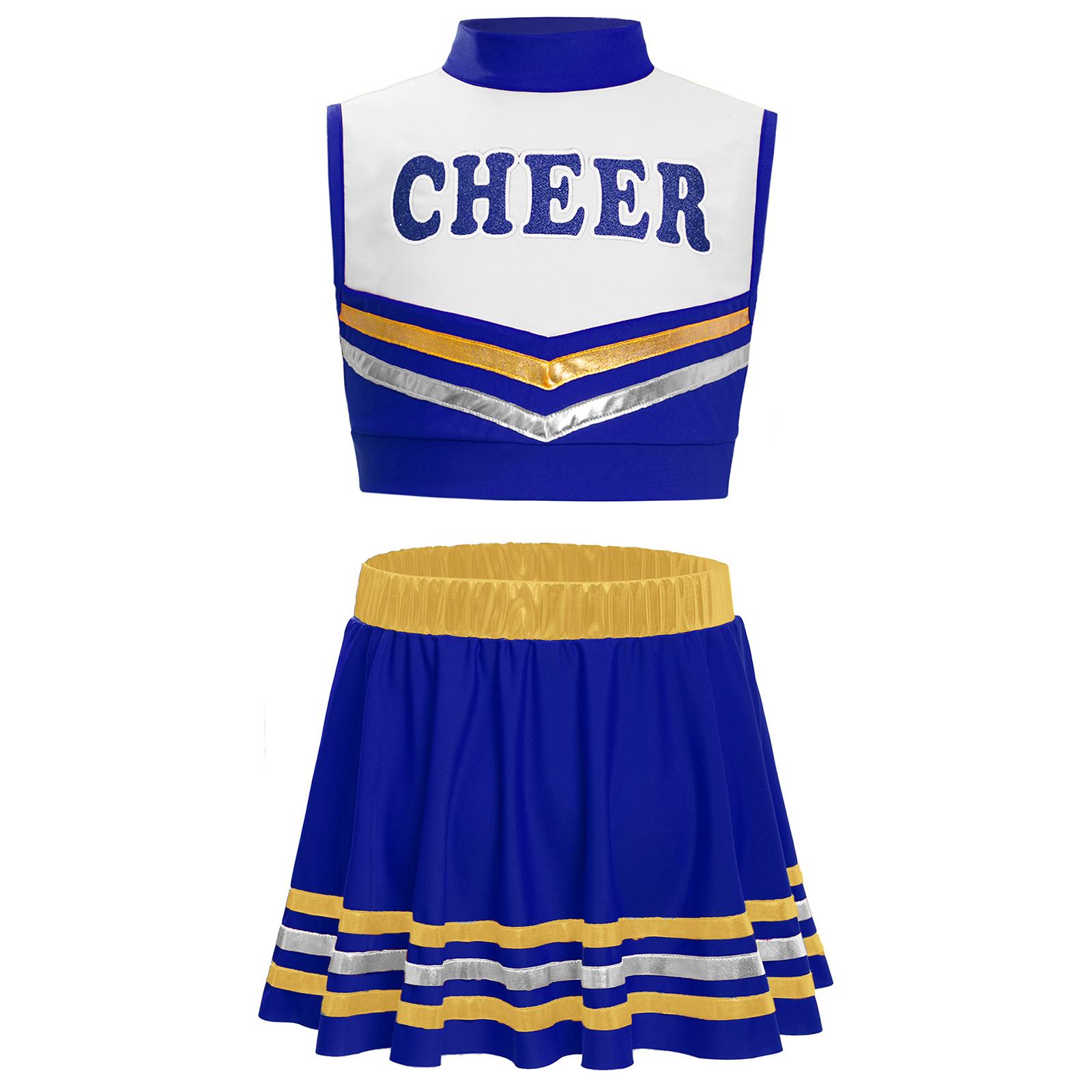 

Дівчачий топ без рукавів з коміром-стійкою, з принтом літер, укорочений, еластична талія, смугаста спідниця, комплект для чирлідингу та танців 5-6 Years королівський синій колір