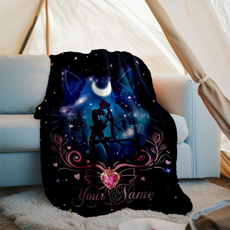 Custom Name Sailor Moon Flannel Fleece Blanket Cozy Warm Throw Blanket For Couch Bed Travel All Season Use