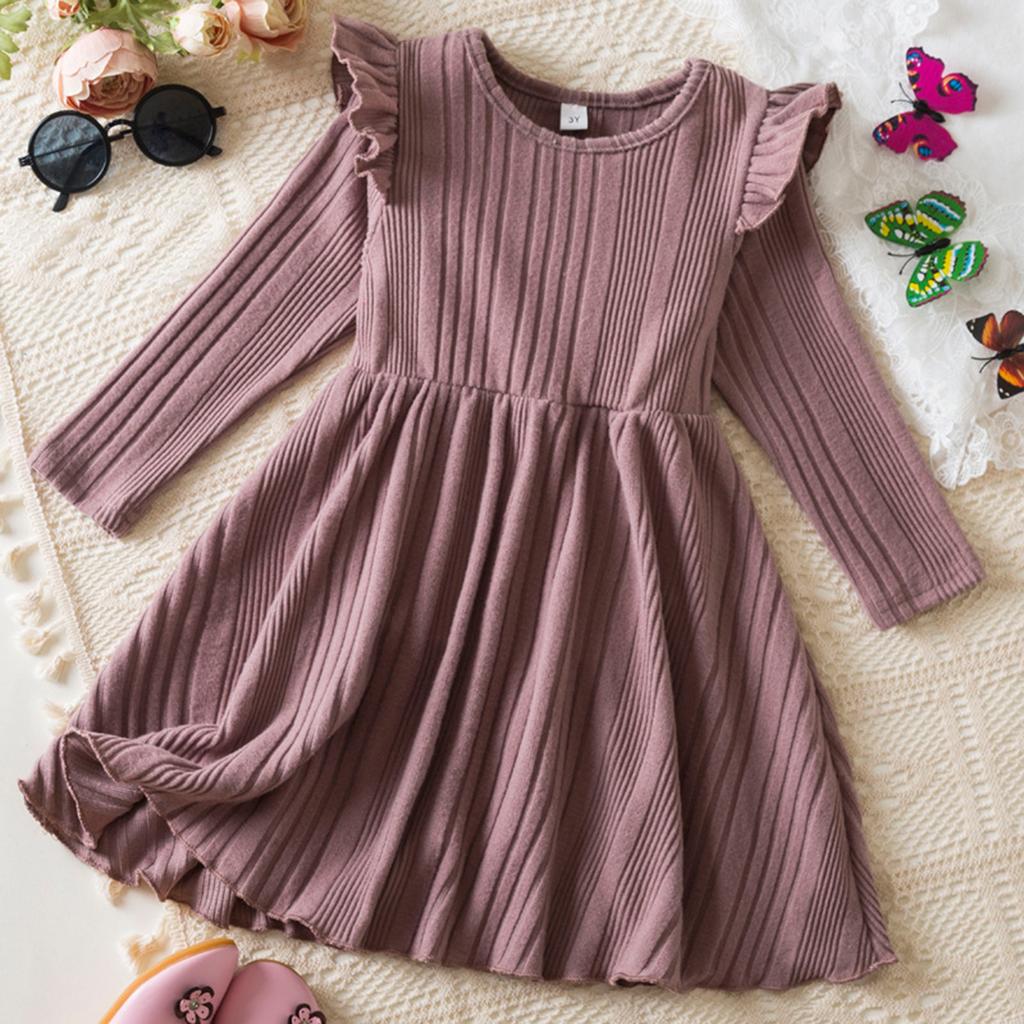Girls Fashion Cute Fly Sleeve Long Sleeve Princess Dress Solid Color Dresses