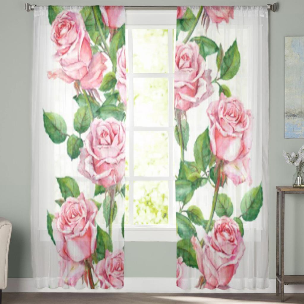 Pink Rose Flowers Tulle Curtains for Living Room Bedroom Window Sheer Curtains Kitchen Balcony Voile Curtains