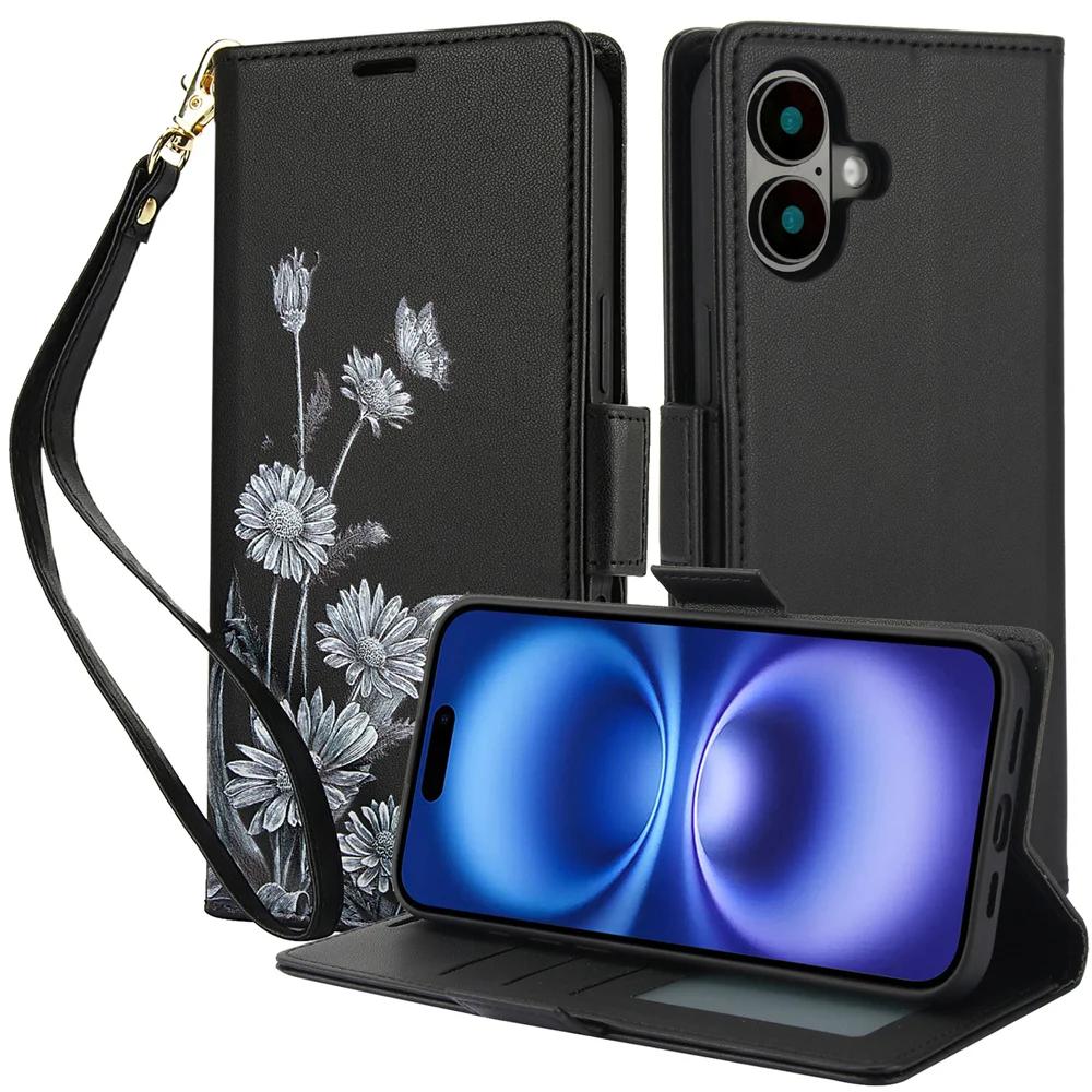 Flip Wallet with Card Holder Phone Case for IPhone 16E 16 15 14 Plus 13 12 11 Pro Max XS XR X 7 8 Wrist Strap Leather Cover