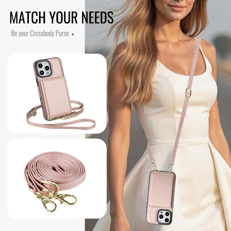 Magnetic Closure Cover for Phone 16 Series Kickstand Case with Card Holder Lanyard Shoulder Strap