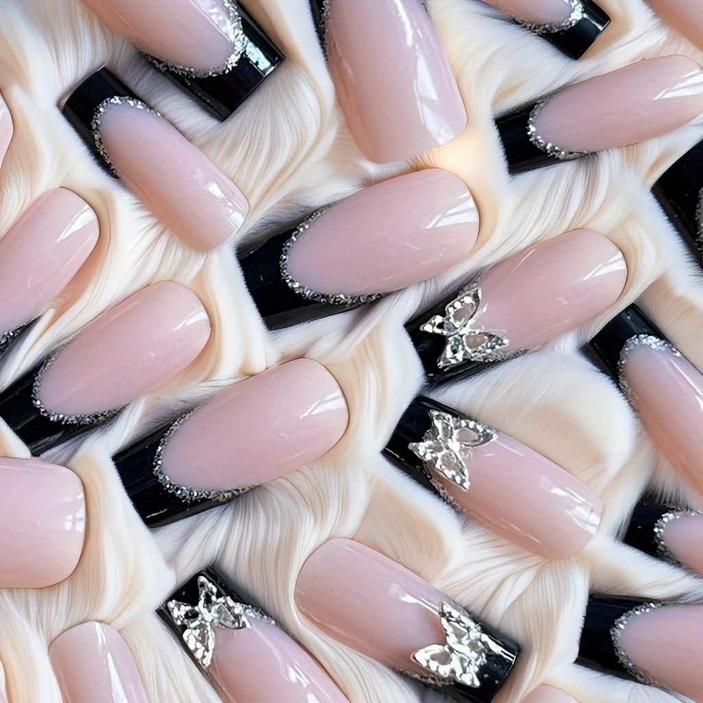 24pcs 3D Butterfly Press On Nails with Black French Tips - Full Cover Silvery Glitter False Nails with Jelly Glue and Nail File for Women and Girls