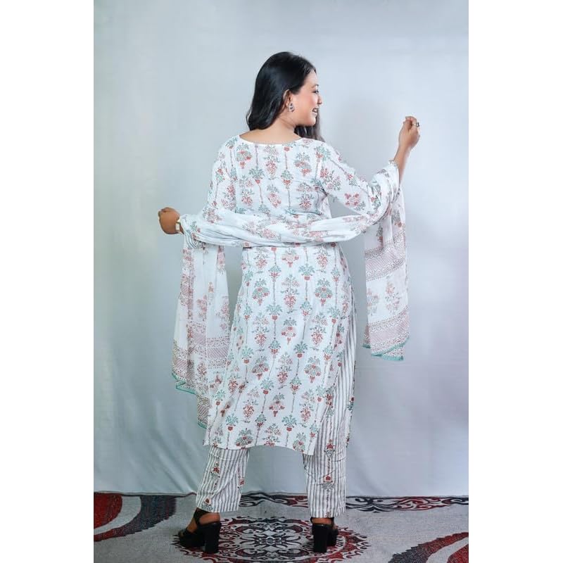 Pinkmint Women s Printed V Neck Kurta and Pant Set with Dupatta 2XL