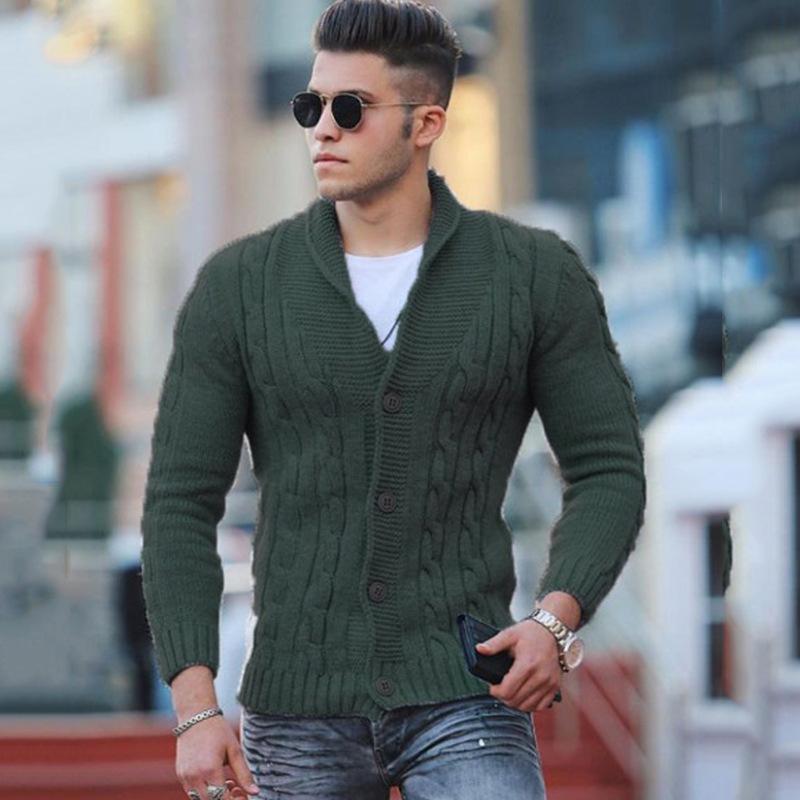 Men's V-Neck Cable Knit Cardigan Sweater In Light Grey, Beige, Dark Green, Blue, and Wine Red