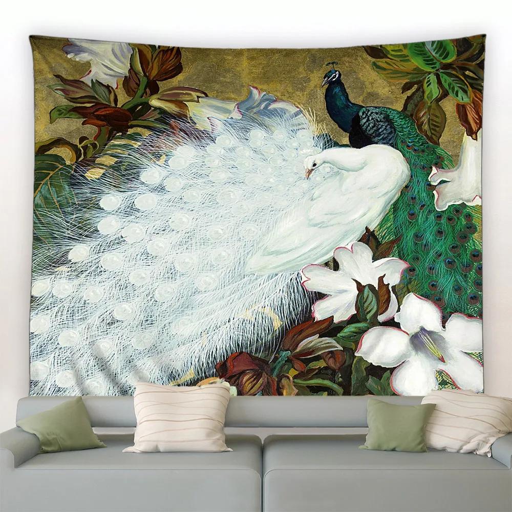 Cute Peacock Tapestry Peony Flower Butterfly Bird Wall Hanging Chinese Landscape Painting Tapestry for Living Room Bedroom Decor