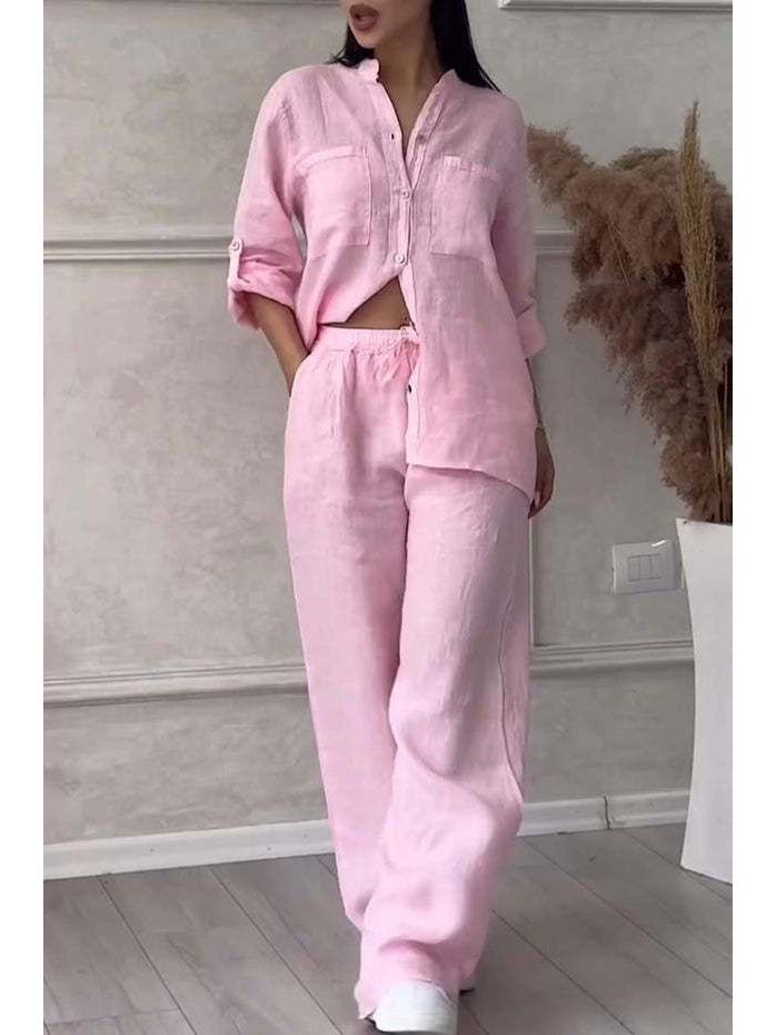 2025 European & American Casual Cotton Linen Shirt & Drawstring Wide-Leg Pants Set