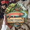 Vintage kulaté kovové nástěnné umění Gone Fishing pro garážový bar domácí dekor