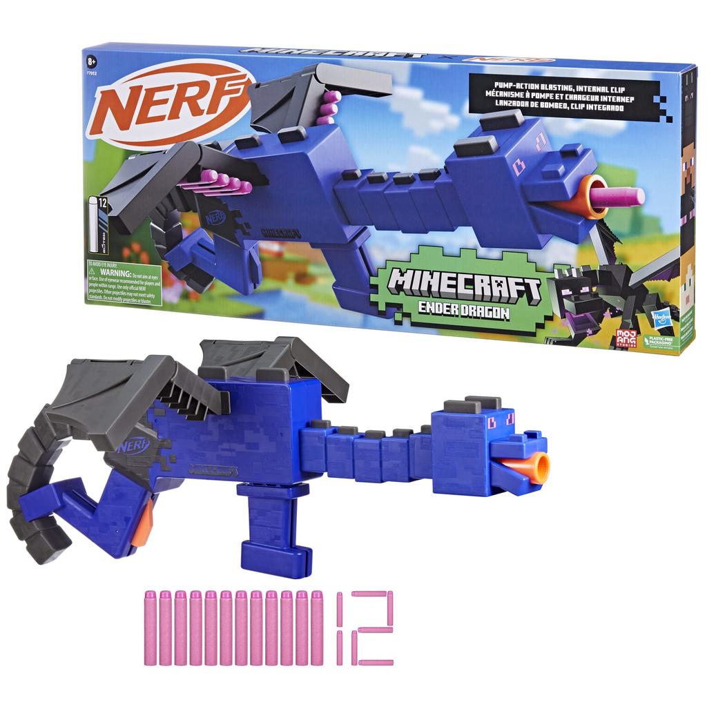 Nerf Minecraft Ender Dragon Blaster with a 4-dart clip and 12 Elite darts, featuring a Minecraft character design (F7912) - Authentic
