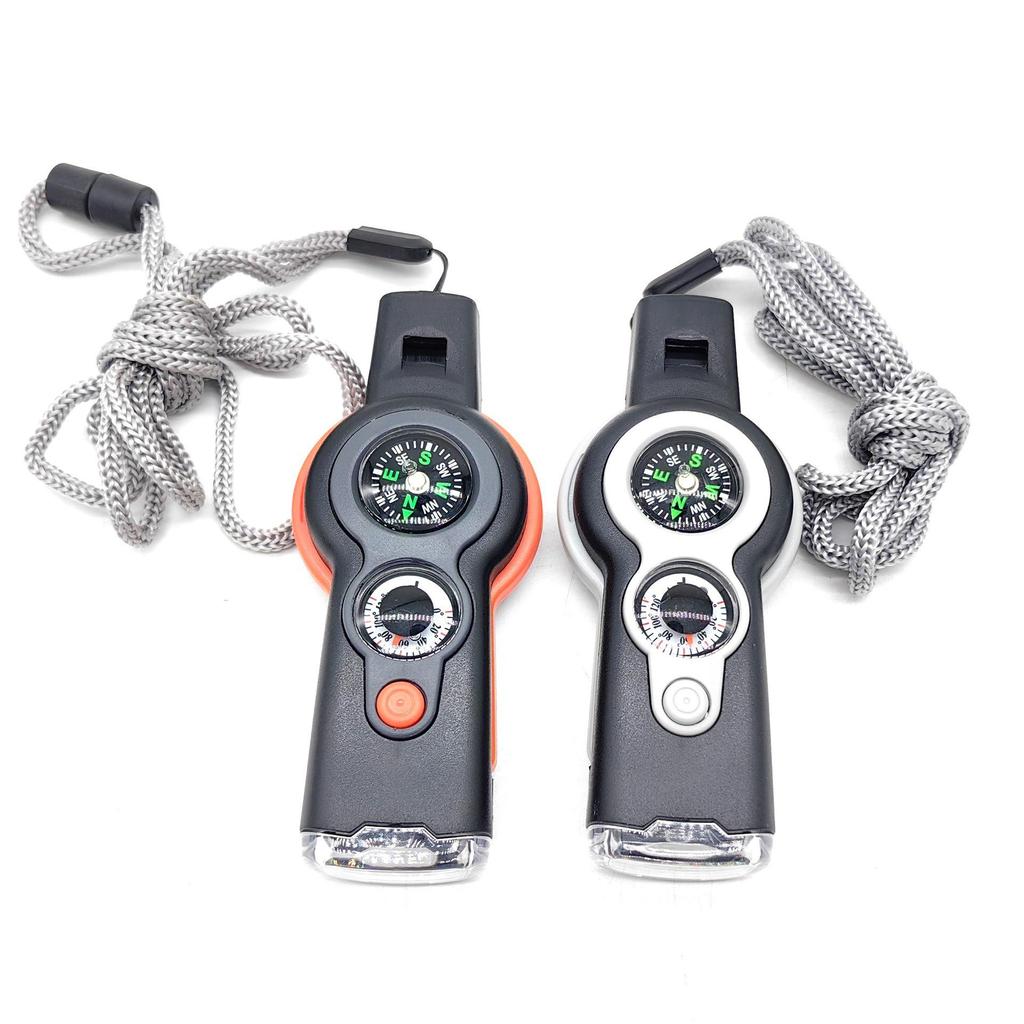 Multifunctional 7-in-1 Survival Whistle with LED Light, Thermometer, and Compass