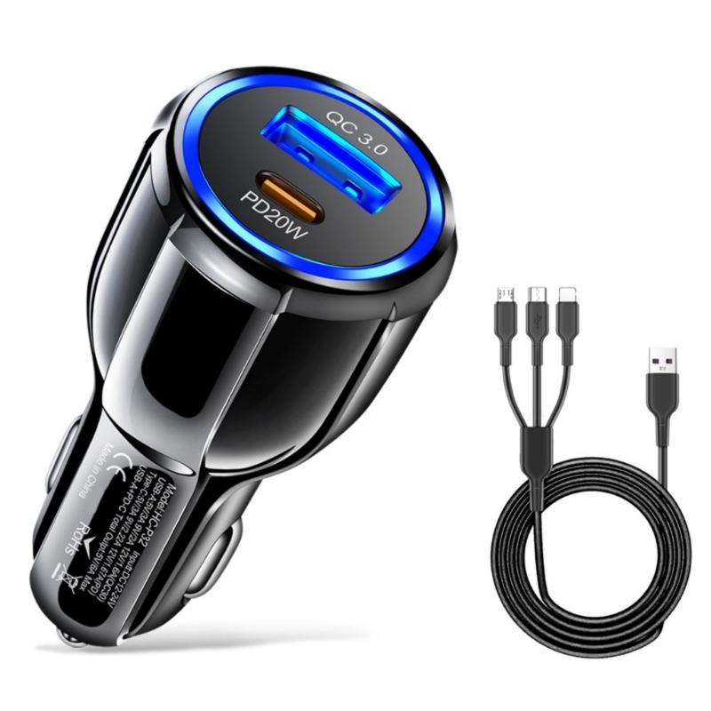 2 in 1 USB Car Charger Adapter Multiple USB Splitter with QC3.0 PD20W Fast Car Charger for Mobile Phone Laptop Car