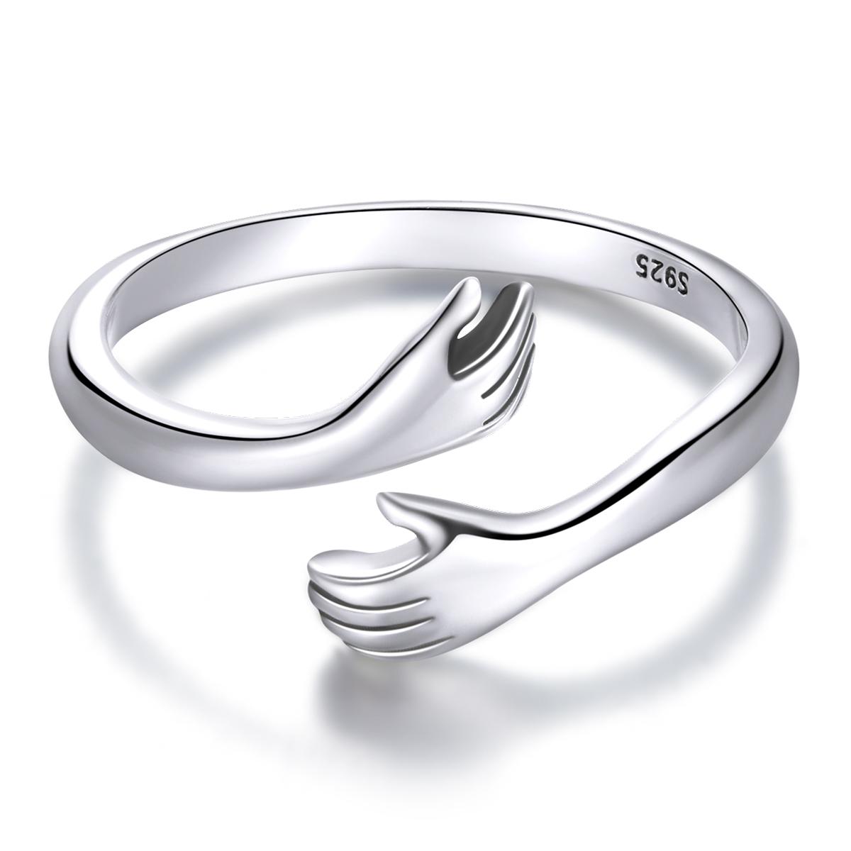 

925 Sterling Silver Hug Open Ring Warm Love Hand Adjustable Glossy Ring for Women, His Big Loving Family Party Gift resizable срібний