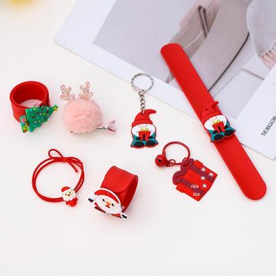 Cartoon Christmas Keychain Pendant, PVC Soft Rubber DIY Décor, Kids' Slap Bracelet, Girls' Hair Tie Set