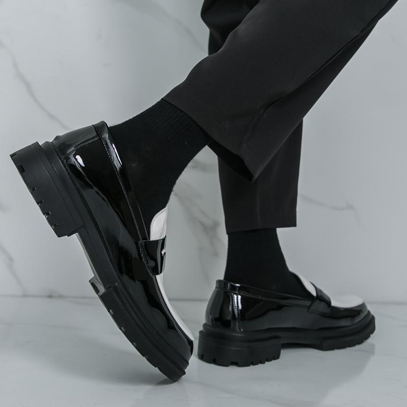 Ανδρικά Μοκασίνια Μαύρα Λευκά Πλατφόρμα Ύψους Δερμάτινα Παπούτσια Χοντρή Σόλα Επίσημα Επαγγελματικά Παπούτσια Γάμου Χορού Μεγάλο Μέγεθος