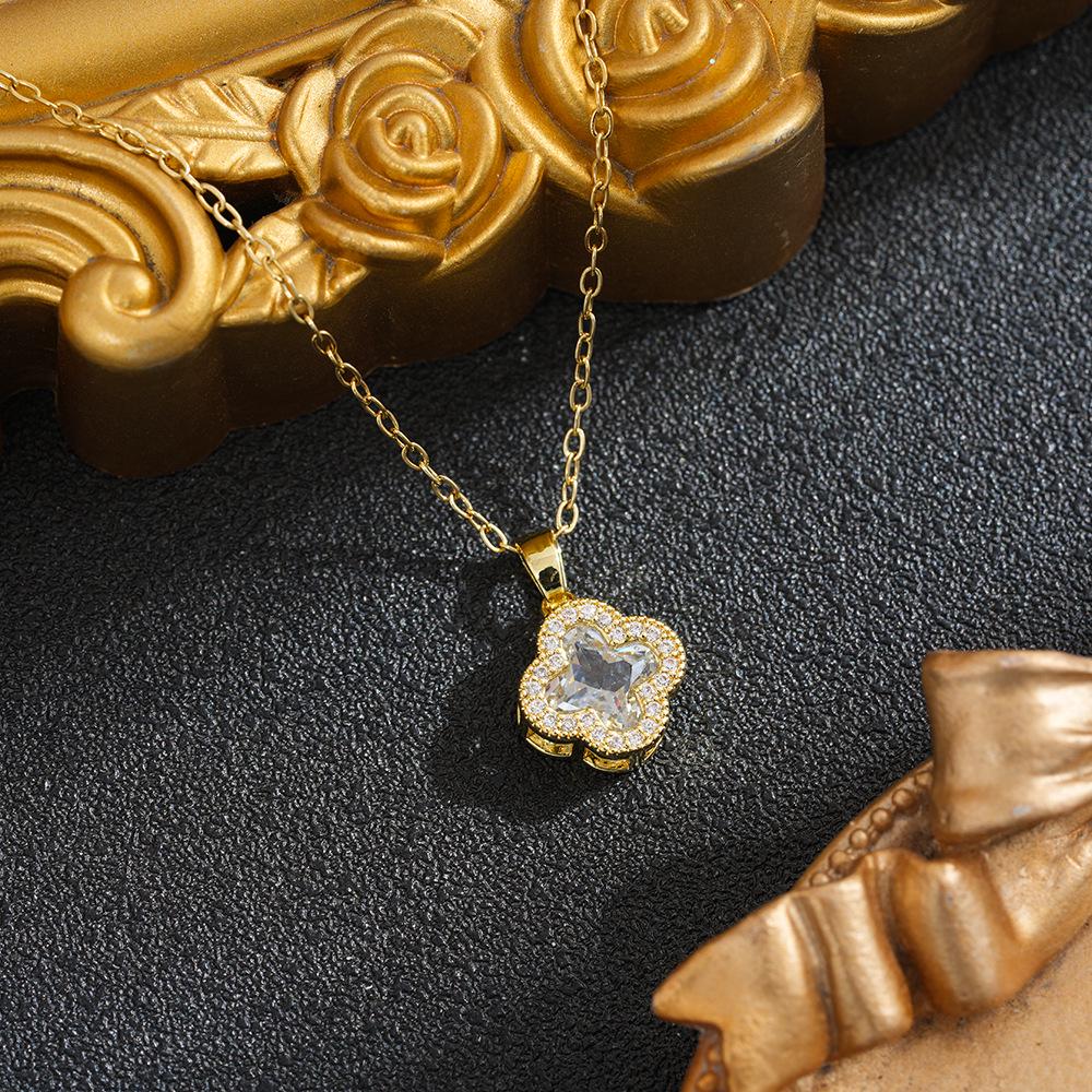 Four-Leaf Clover Diamond Inlaid Titanium Steel Necklace - Luxurious Women's Pendant Accessory