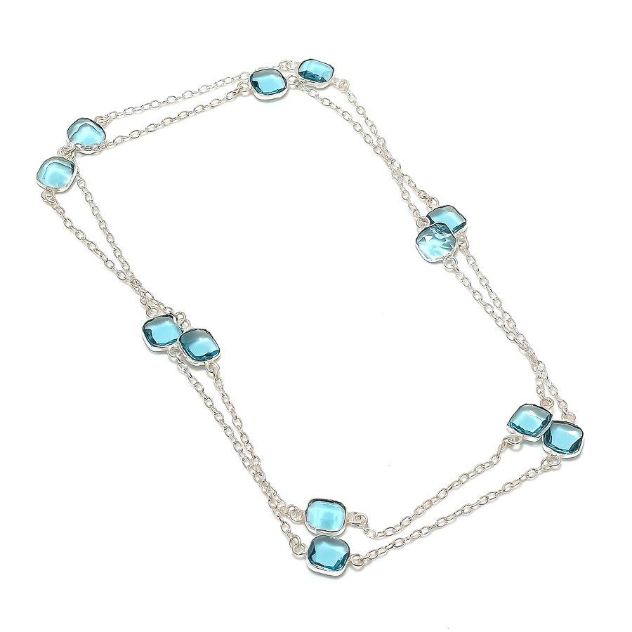 Natural Swiss Blue Topaz Gemstone 925 Sterling Silver Jewelry Necklace 18" g4D61