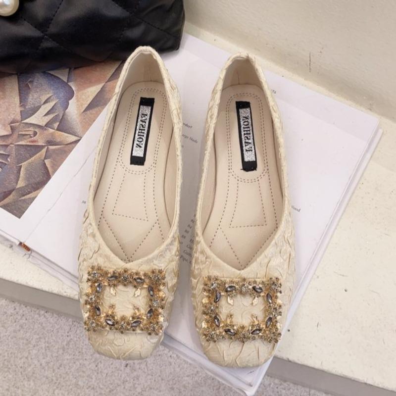 Fashion Square Toe Shallow Mouth Low Heel Single Shoes Autumn New Rhinestone Square Toe Soft Sole Non-slip Block Heel Shoes