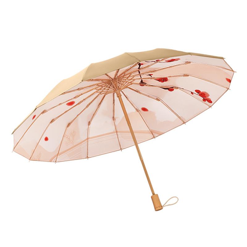 Triple Fold 16 Bone Titanium Hand Open Umbrella Retro Solid Wood Handle Parasol Vinyl Sunscreen Sun Umbrella Generation