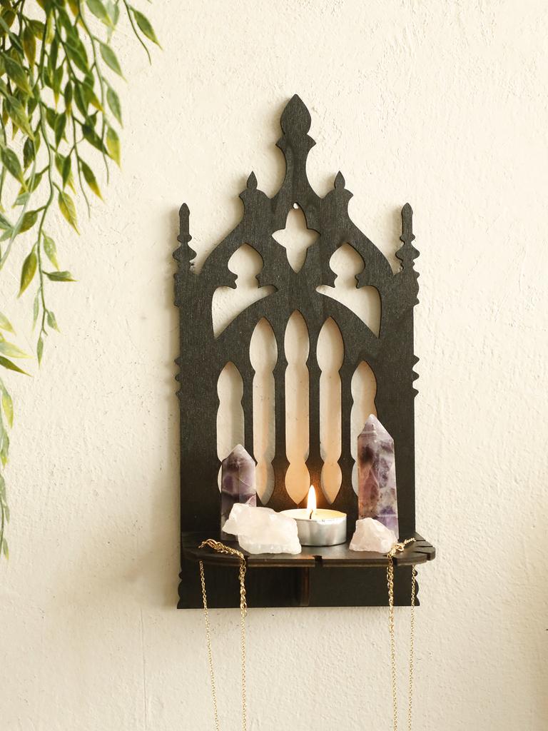 Black Gothic Wooden Shelf Hollow Vintage Fence Shape Wall Hanging Decor Floating Shelves Wall Decor Crystal Holder Room Decor