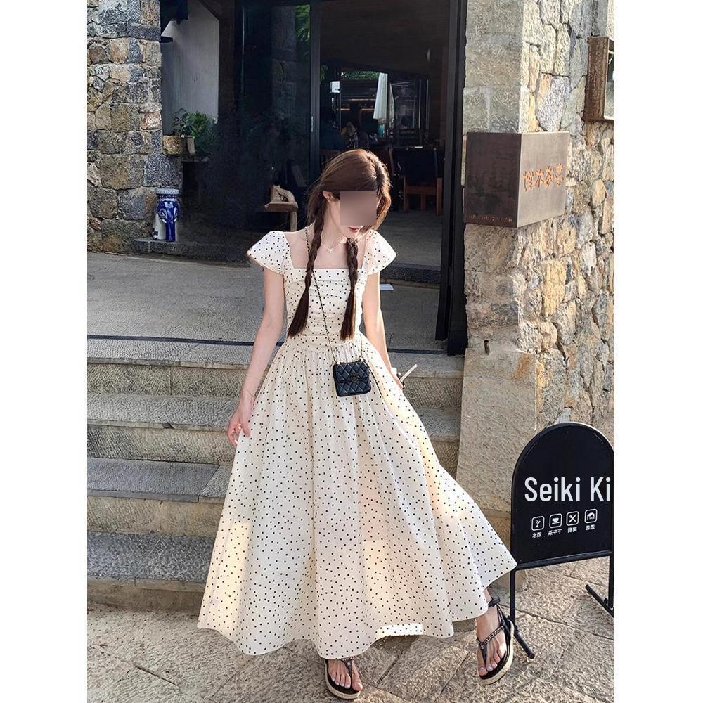

Women s French Polka Dot Cap Sleeve Dress - Spring Slimming High-End Long Design M (45-50kg)