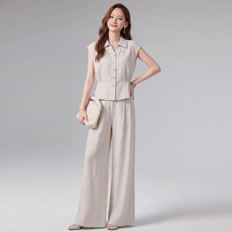Women's Sleeveless Linen Top & Wide-Leg Pants Set