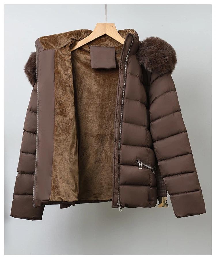 Dámská krátká bunda s velkou kožešinovou kapucí, větruodolná, zateplená, teplá, zimní bunda s páskem