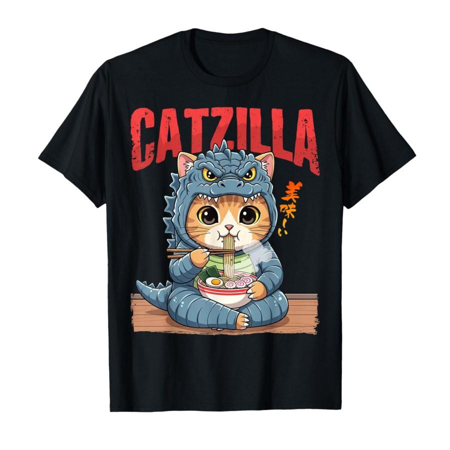 Funny Catzilla Eating Ramen Cute Cat Lover Japanese Art T shirt for Men Women Japan Style Tops 100 Cotton TShirt 09254 S