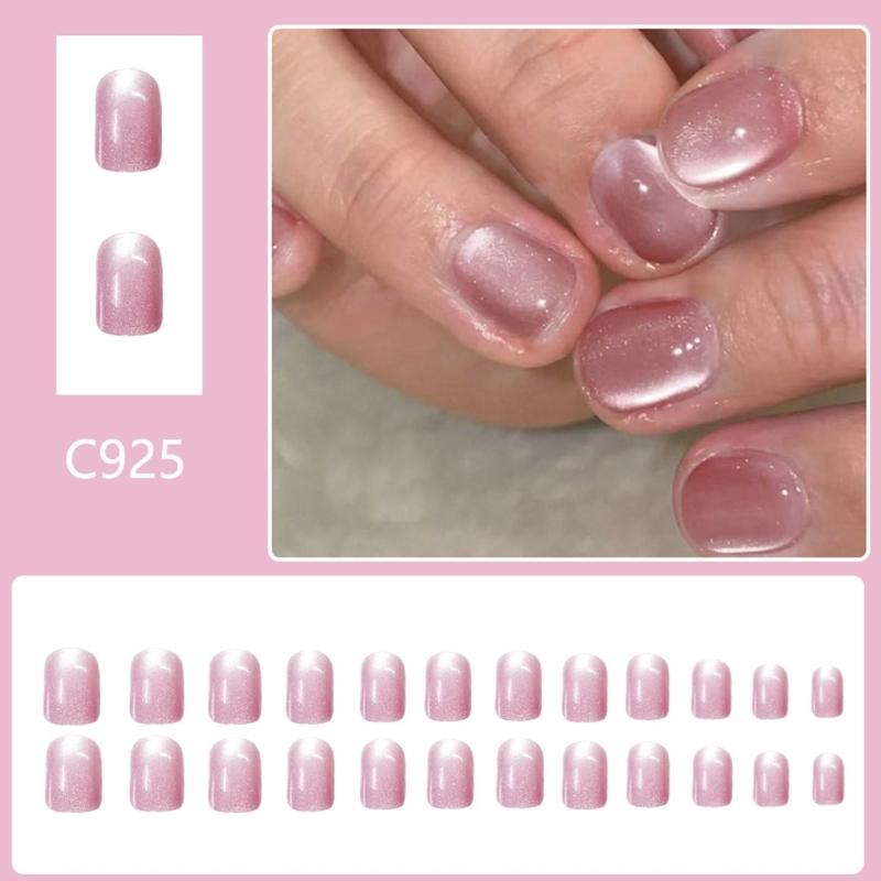 Press On Nail Glossy Glitters Fake Nail Stick On Nail Cats Eye Acrylic Fake Nail Gel Polished Glues on Nail 24Pcs