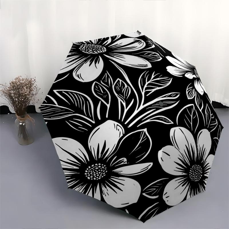 1pc Black and White Floral Pattern Pattern Automatic Umbrella Is Fashionable and Good-Looking, a Portable 3-Fold Umbrella, Suitable for Travel and Dai