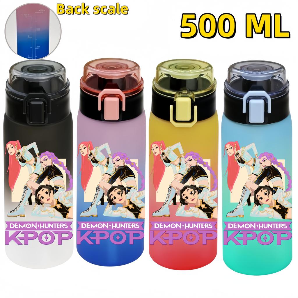 KPop Demon Hunters Sports Water Bottle Portable Leak Proof Plastic Cup Level Line Outdoor Fitness 500ML with for Kid Friendly Entertaining Fun Play