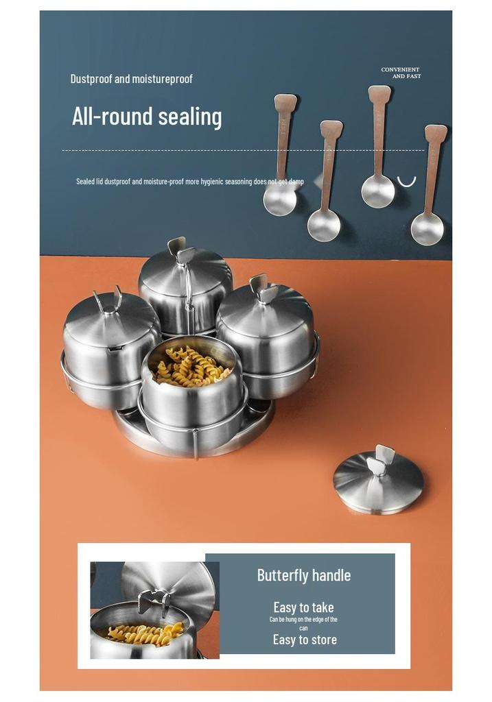 Rotating 304 Stainless Steel Spice Jar Set: Kitchen Seasoning and Storage Containers for Salt, Sugar, MSG, and Chili