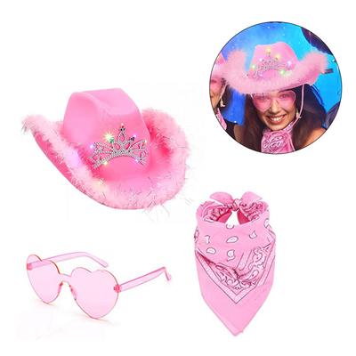 LED Cowboyhut Bandanas & Sonnenbrille Kostümset Damen Rosa Kappe Musikfestival Verkleidungshut Junggesellinnenparty Requisiten