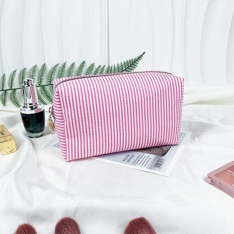 Seersucker Makeup & Toiletry Bag: Large Capacity, Embroidered, Striped Travel Clutch