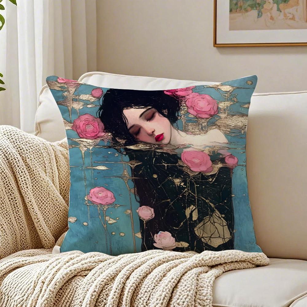 Art KKlimt oil painting style illustration Cushion Cover Linen Pillowcase Soft for Sofa Bed Home Room Decor
