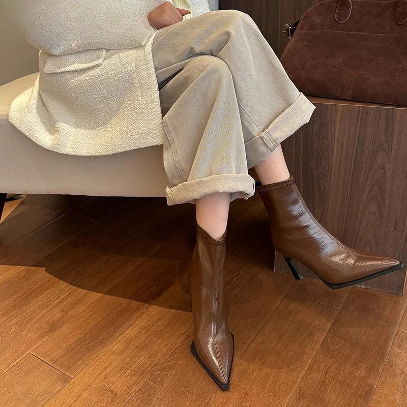 2025 New High Heel Women Ankle Boots Pointed Toe Autumn Winter Ladies Elegant Mordern Short Booties