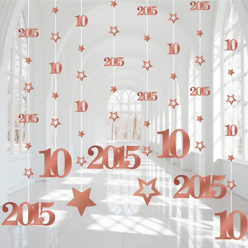 Pink Rose Gold 10th Birthday Decorations for Girls, Pre-Strung Glitter Twinkle Number 2015 10 Years Old Hanging Streamer Banner Party Supplies, Pink