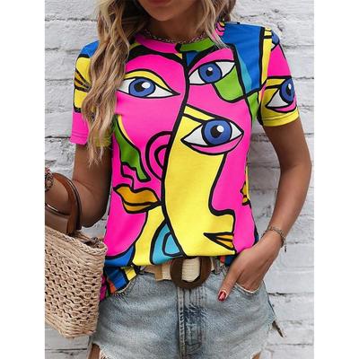 Sommermode Damen T-Shirt Stilvoll Lässig Abstrakter Druck Kurzarm Rundhals Tees Rundhals Reguläre Oberteile