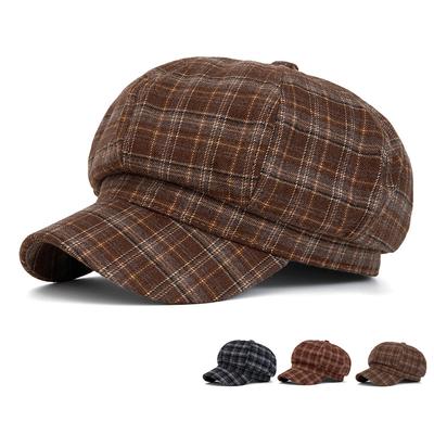 Vintage Plaid Beret Women's Autumn Winter Octagonal Cap Painter's Cap