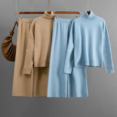 Conjunto de Moda para Mujer Otoño e Invierno Suéter Holgado de Cuello Alto Casual Pantalones de Pierna Ancha Conjunto de Dos Piezas