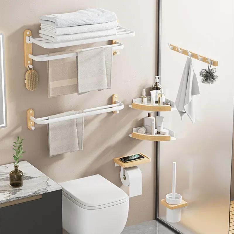 Bathroom Pendant Towel Holder Shower Rack Solid Wood Bathroom Shelf Shampoo Shower Gel Corner Holder Towel Bar Mobile Phone Rack