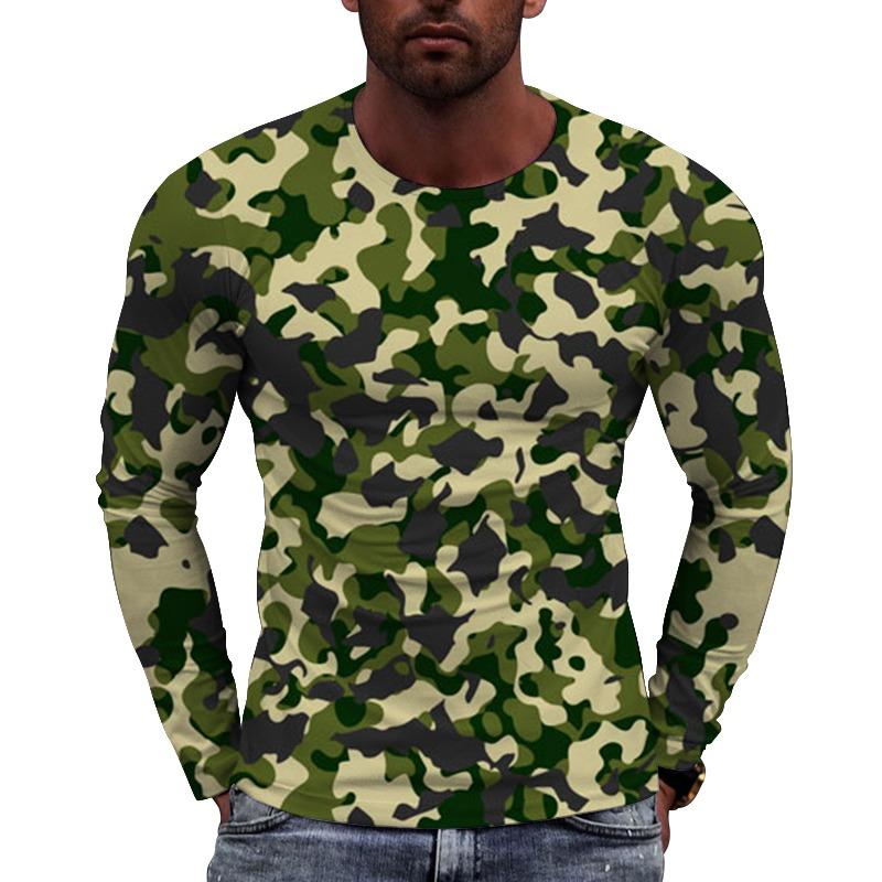 Men's Camouflage Printed Long Sleeve T-shirt European Size Casual round Neck Top Trendy Autumn Wear