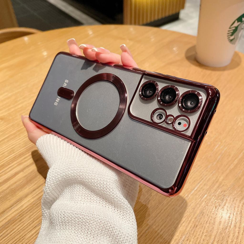 Suitable for Samsung S25 Ultra MagSafe Mobile Phone Case S24 Plating Transparent Note20 Lens Film Soft Case
