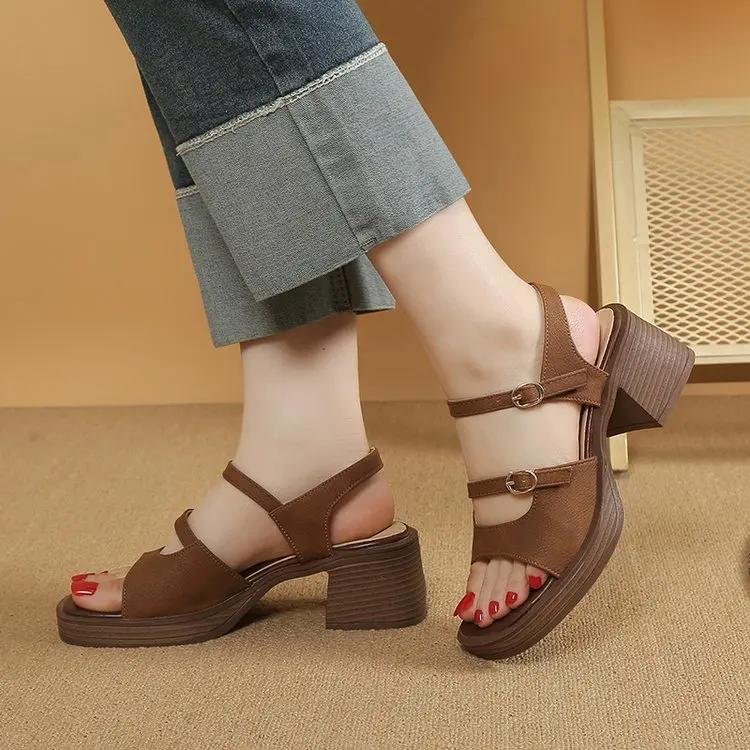 Fashion 2024 New Retro PU Leather Women's Sandals Square High Heel Sandals Office Platform Buckle Shoes Fashion Casual
